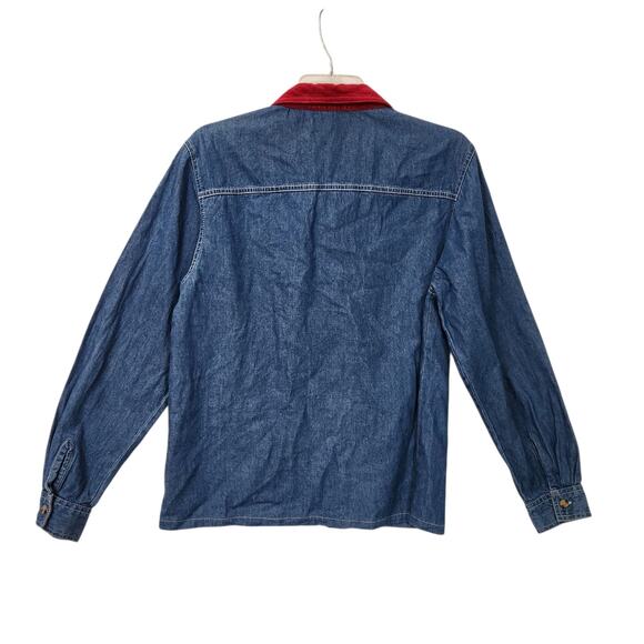 VTG 90S CHRISTMAS SHIRT DENIM EMBROIDERED SNOWMAN VELVET COLLAR GRANDMACORE SZ M - Picture 2 of 9